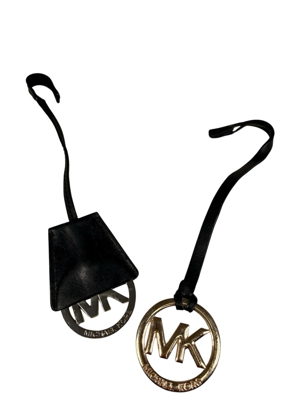 Michael Kors Black Leather Bag Charm and Gold MK Medallion Handbag Fob